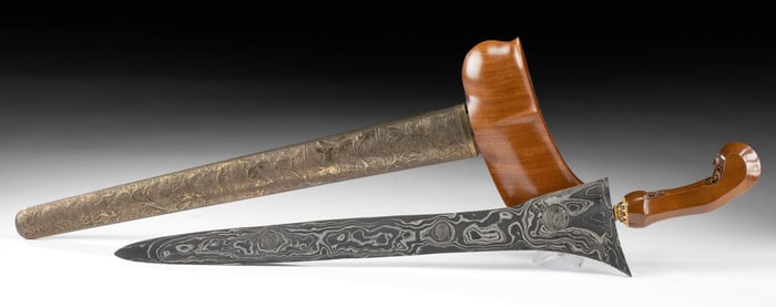19th C. Indonesian Kris w/ Gilt Copper & CZ Inlays