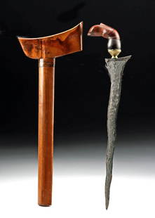 Vintage Indonesian Steel Kris w/ Wood Sheath: **Originally Listed At $300** Southeast Asia, Indonesia, Bali, ca. first half of the 20th century CE. A fine dagger known as a kris (also keris). The hand-carved wooden handle exhibits a bulbous, curv
