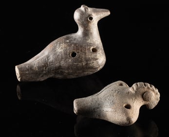 Two Lively Tairona Pottery Bird Ocarinas