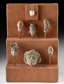 Lot of 7 Pre-Columbian Pottery Heads w/ Display