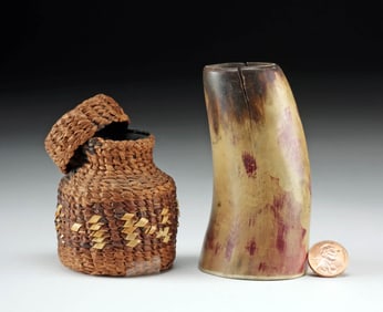 18th C. Horn Cup & Tsimshian Twined Basketry Ink Bottle