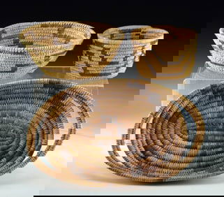 Three Native American Papago Basketry Bowls & Tray