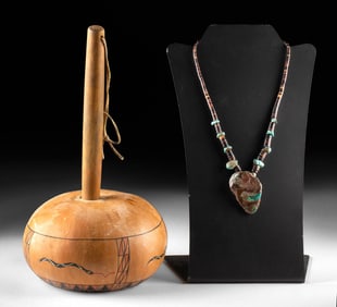 Santo Domingo Pueblo Necklace & Hopi Painted Gourd