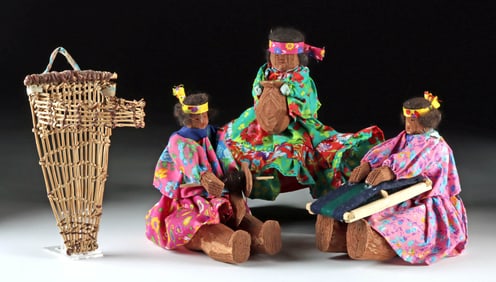 3 Tarahumana Bark Dolls & Mono Mini Woven Cradleboard
