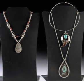4 Navajo Silver Necklaces w/ Turquoise, Coral & Shell