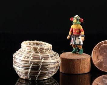 Miniscule Hopi Parrot Kachina Figure & Horsehair Basket