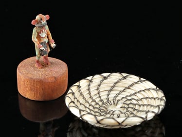 Tiny Hopi Kachina Figure & Papago Horsehair Basket