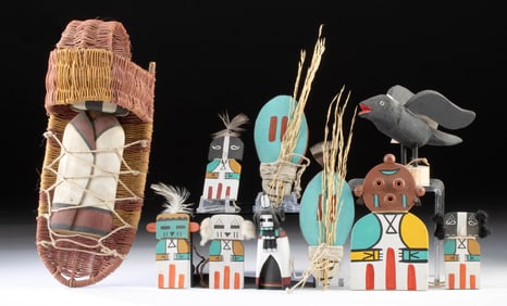 Hopi & Navajo Wood Kachinas & Raven Carving, 10 pcs