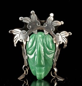 Taxco Sterling Silver & Greenstone Aztec Face Brooch