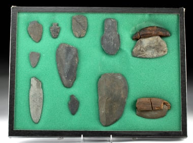 11 Ancient Alaskan Stone Blades & Wood Ulu Handles