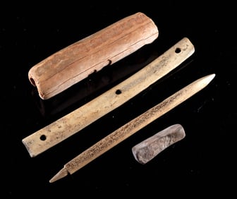 4 Ancient Bering Sea Inuit Bone, Stone & Wood Tools