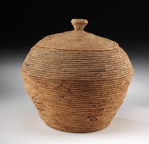 Traditional Alaskan Yup'ik Coiled Grass Basket with Lid