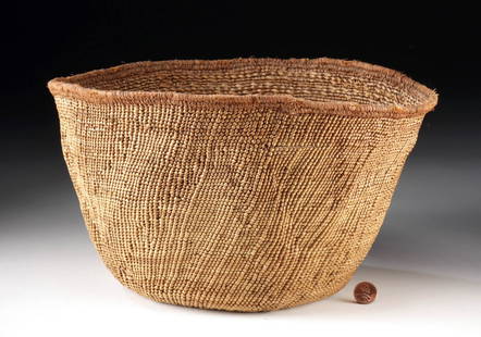 Native American Tlingit Spruce Root Twined Basket: **Originally Listed At $200** Native American, Pacific Northwest Coast, United States / Canada, Tsimshian / Tlingit / Haida, ca. early to mid-20th century CE. A cylindrical spruce root basket, twined