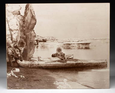 Lomen Bros. Photograph - Inuit Men with Kayaks: **Originally Listed At $300** The Lomen Brothers Co. (Alaska, 1908-1934). Inuit men bringing kayaks to shore. Photograph on board, n.d. Inscribed on negative "Lomen Bros. Nome." A fascinating photogra
