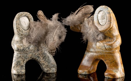 Two Inuit Folk Art Carved Soapstone Dancers by Hanaka