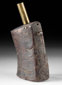 19th C. Moroccan Berber Ram's Horn & Brass Powder Flask