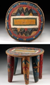 Vibrant Polychrome Wood Nupe Stool from Agaie, Nigeria