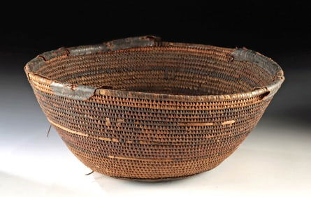 Large Ethiopian Harari Coiled Basket w/ Leather Rim