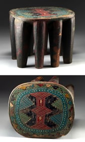 Nigerian Nupe Painted Teak Wood Stool w/ 8 Legs
