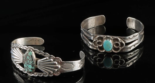 2 Fred Harvey Southwestern Silver & Turquoise Bracelets