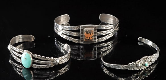 3 Fred Harvey Silver, Petrified Wood & Turquoise Cuffs