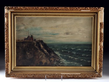 Antique Painting by SFW - Lighthouse on Seacliff