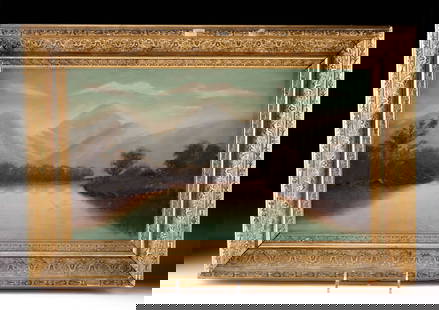 Landscape Painting by H. Palmer - River and Mountains: **Originally Listed At $250** H. Palmer (American, active IX - XX). River and Mountains. Oil on canvas, n.d. Signed on verso of frame. A delightful painting depicting a tranquil river surrounded by tr