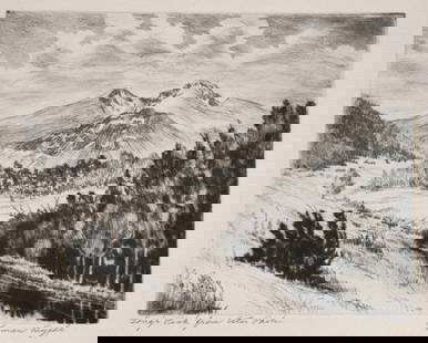 Lyman Byxbe Etching "Longs Peak from Estes Park": **Originally Listed At $250** Lyman Byxbe (American, 1887-1980). "Longs Peak from Estes Park" etching on paper, 1939. Hand-signed and titled beneath image. A beautiful etching by Lyman Byxbe depicting