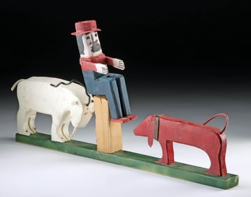 Braxton Ponder Folk Art Wood Carving: Man w/ Dog & Goat