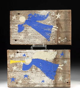 Two J. Frank Paintings on Wood - Angels (1999): **Originally Listed At $350** J. Frank (American, XX-XXI). Two paintings of angels. Paint on found wood, 1999. Both signed and dated at lower right. Rendered in humble house paint on salvaged wood, th