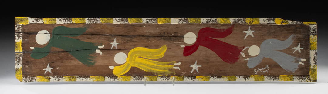 Folk Art Painting by J. Frank - Angels & Stars (1999): **Originally Listed At $250** J. Frank (American, XX-XXI). Angels and Stars. Paint on wood board, 1999. Signed and dated at lower right. A whimsical and heartfelt celebration of celestial motion, this