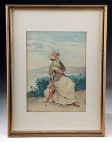 Arturo Orselli Watercolor - Victorian Woman by the Sea