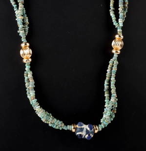 Egyptian Faience Necklace w/ Phoenician Glass Bead: Ancient Egypt - faience bead - New Kingdom to Late Period, ca. 1500 to 656 BCE. Ancient Phoenicia - glass bead - ca. 500 to 300 BCE. Beautiful necklace ready to wear and dazzle! Composed of hundreds o