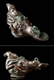 Roman Bronze Oil Lamp - Nude Satyr on Horse Head