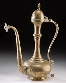 Elegant 19th C. Persian Brass Swan-Neck Sprinkling Ewer