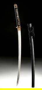 WWII Japanese Mumei Katana Sword in Koshirae: East Asia, Japan, WWII era, ca. early to mid 20th century CE. A katana featuring a black lacquered WWII era saya (scabbard) with cord wrap and a black tsuka (handle) fitted with ray skin panels and ch
