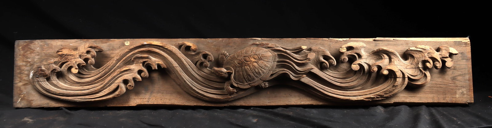 Japanese Edo / Meiji Period Carved Wood Ranma - Minogame and Waves: East Asia, Japan, Edo to Meiji period, ca. 19th to early 20th century CE. A large, solid wooden transom features a beautifully rendered high-relief carving of a minogame - a mythical turtle with a flo