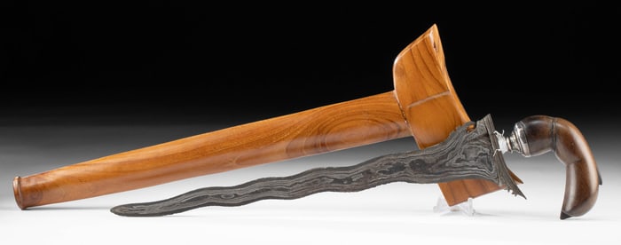 19th C. Indonesian Kris w/ Wood Sheath & Silver Spacer