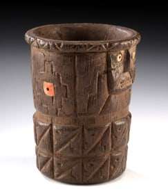 Inca Wood Kero - Janiform Faces and Shell Inlay