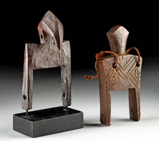 Two African Senufo Carved Wood Heddle Weaving Pulleys