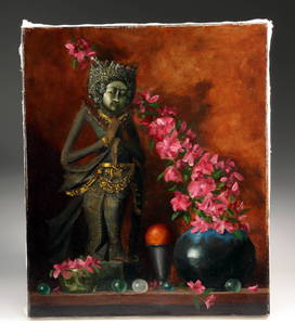 Louis Tedesco Painting - Bali Legong Dancer & Orchids: Louis Tedesco (American, 1947-2007). Still Life, oil on canvas, n.d. Signed lower right. A beautiful still life painting by Louis Tedesco, a modern artist who strictly adhered to traditional oil paint