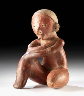 Nayarit Chinesco Type C Pottery Mourning Female Figure: Pre-Columbian, West Mexico, Nayarit, Chinesco Type C, ca. 100 BCE to 250 CE. A moving portrayal of sorrow and solemn ritual, this hollow pottery figure embodies the hallmark features of Chinesco Type