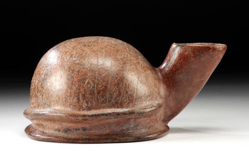 Rare Colima Redware Turtle Shell & Spout Effigy Vessel: Pre-Columbian, West Mexico, Colima, ca. 300 BCE to 300 CE. A superb highly burnished redware effigy vessel, modeled in the form of a domed turtle shell. The hollow body features finely incised registe
