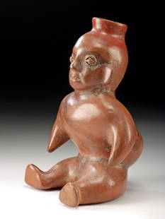 Ancient West Mexico Colima Redware Hunchback Vessel: Pre-Columbian, West Mexico, Colima culture, ca. 300 BCE to 300 CE. A redware pottery effigy vessel of a seated hunchback figure, created with the smooth, burnished surface typical of Colima craftsmans