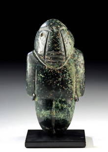Guerrero Mezcala Serpentine Figure - Abstract Form: Pre-Columbian, Mesoamerica, Guerrero region, Mezcala culture, ca. 300 to 100 BCE. A beguiling vision in veined green stone, this abstracted standing figure exemplifies the reductive yet powerfully exp
