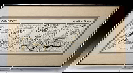 Original Gary Trudeau Doonesbury Comic - July 7, 1976: Gary Trudeau (American, b. 1948). "Doonesbury" ink on paper, July 7, 1976. Signed in fourth panel and dated in first panel. This original four-panel comic from Garry Trudeau's Pulitzer Prize-winning D
