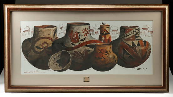 Michael McCullough Laguna Hopi Pottery Painting: Michael McCullough (Native American, Choctaw Nation of Oklahoma, b. 1951). Hopi Pottery. Watercolor on paper, n.d. A tribute to continuity, craft, and ancestral memory, this watercolor by Michael McCu