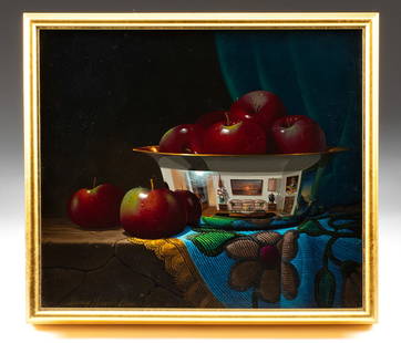 Stanley Maxwell Brice Painting - "Apple Fantasy": Stanley Maxwell Brice (American, b. 1936). "Apple Fantasy" oil on canvas, n.d. Signed lower left. A remarkable painting by Stanley Maxwell Brice that blends the convincing realism of traditional still