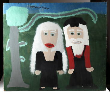 Jake T. McCord Painting - American Gothic Theme: Jake "J.T." McCord (American, 1948-2009). Couple with tree. House paint on board, 2000. Signed and dated at upper left. A stark pair stands side-by-side in this untitled housepaint on wood painting by