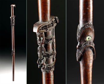 19th C. Maori Wood Tokotoko - Zoomorph Head, Shell Inlays